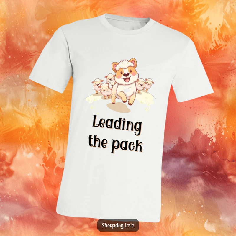 Funny Sheepdog T-Shirt: A sheepdog with a wide, happy grin leading sheep up a hill, embodying enthusiasm.