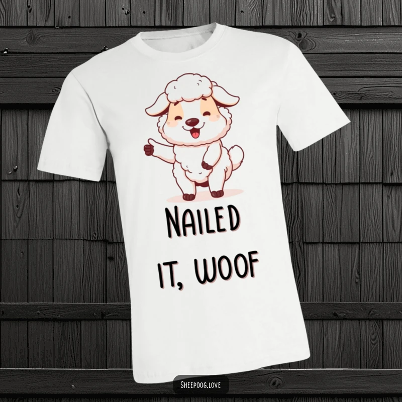 Funny sheepdog t-shirt depicting a happy dog wagging its tail, proud of its accomplishments, ideal for comfortable and humorous wear.