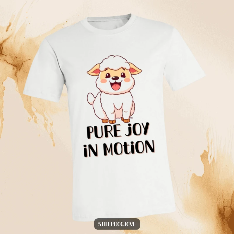 Funny Happy Sheepdog T-Shirt showing a delighted sheepdog with its tail wagging furiously, embodying pure excitement.