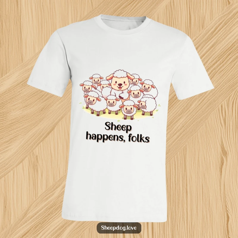 Funny t-shirt depicting a happy sheepdog playfully guiding a flock of fluffy sheep, embodying canine devotion.