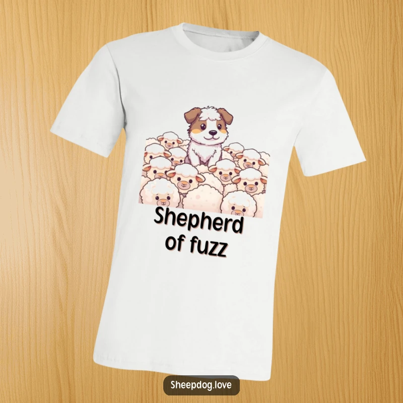 Funny Sheepdog T-Shirt showing a focused sheepdog vigilantly watching a field packed with fluffy white sheep, embodying a humorous guardian.