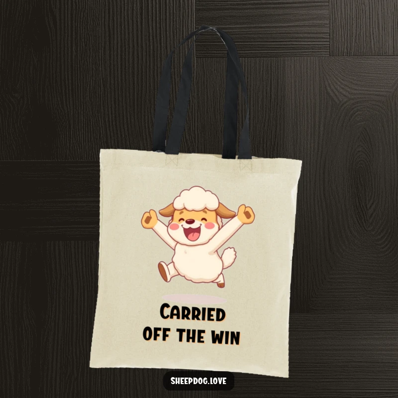 Funny tote bag featuring a sheepdog character doing a joyful, celebratory leap after herding, perfect for carrying items with funny pride.