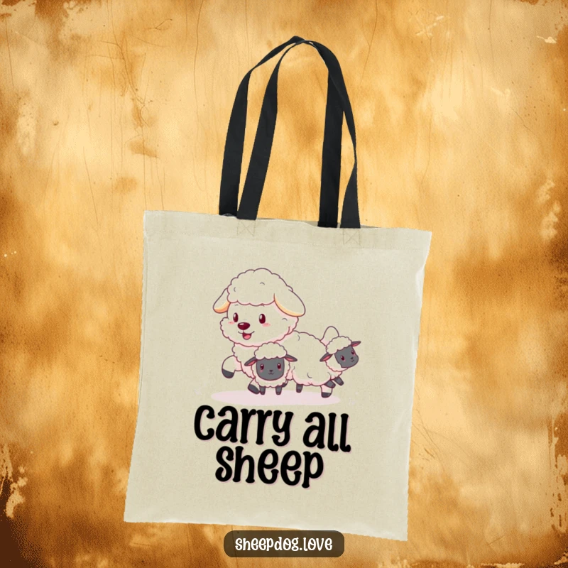 Funny Sheepdog Tote Bag: Fluffy dog energetically herding tiny, bouncing sheep, ready for adventure.