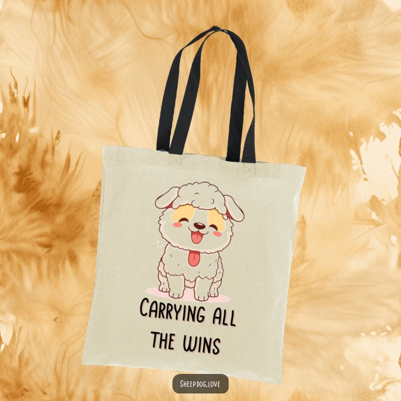 Funny sheepdog tote bag with a happy, panting herding dog, a practical and humorous gift for everyday use.