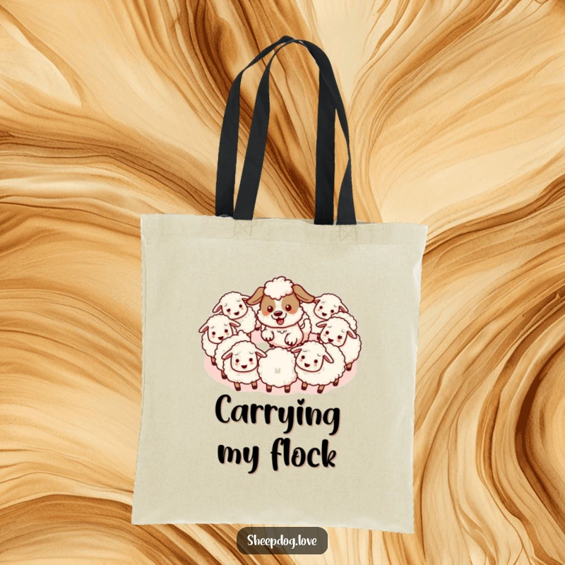 Funny tote bag with an energetic kawaii sheepdog herding fluffy sheep in a circle, perfect for carrying items with adorable humor.
