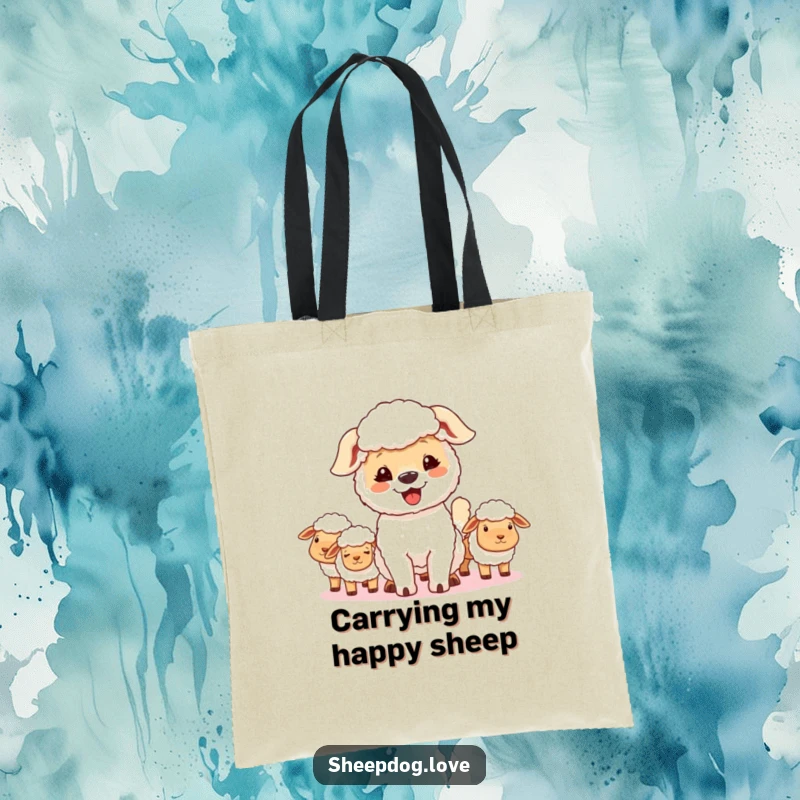 Funny sheepdog tote bag, a happy dog wagging its tail, looking proud and content, overseeing its flock.