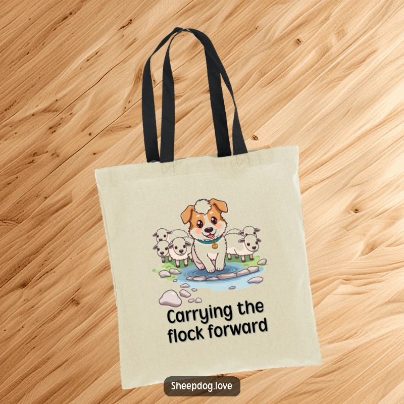 Funny Determined Sheepdog Tote Bag illustrating a sheepdog guiding sheep across a stream, a heroic and practical accessory.