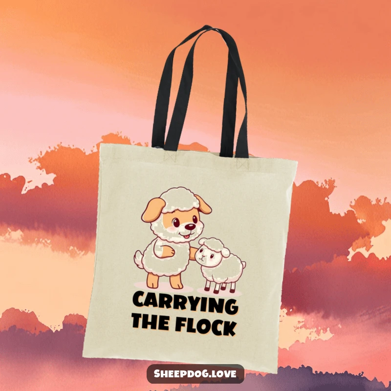 Funny Sheepdog Tote Bag: A charming tote bag illustrating a sheepdog's friendly nudge to a stray sheep, perfect for dog moms.