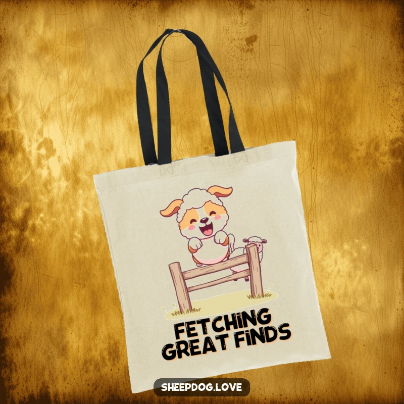 Funny sheepdog character leaping over a fence, with sheep behind, practical tote bag.