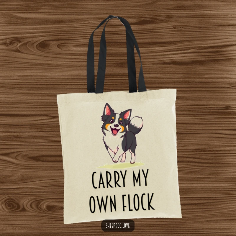 Funny border collie tote bag depicting an enthusiastic herding dog with a vigorously wagging tail, symbolizing playful energy and purpose.