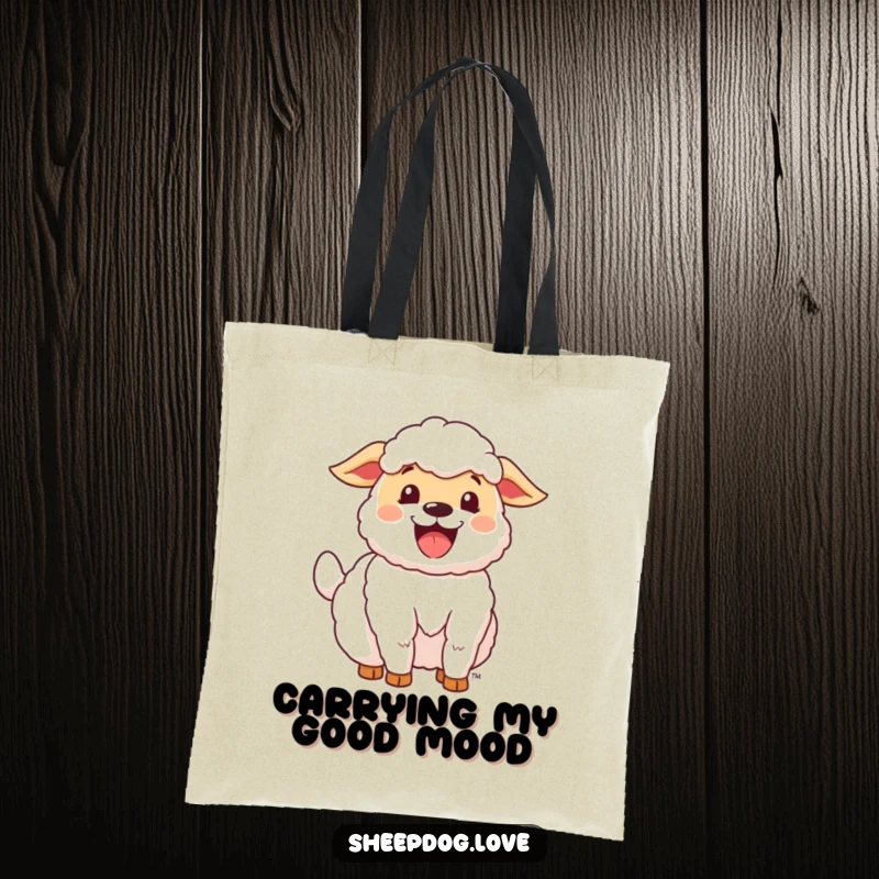 Funny Happy Sheepdog Tote Bag showcasing a delighted sheepdog with its tail wagging enthusiastically, perfect for daily use.
