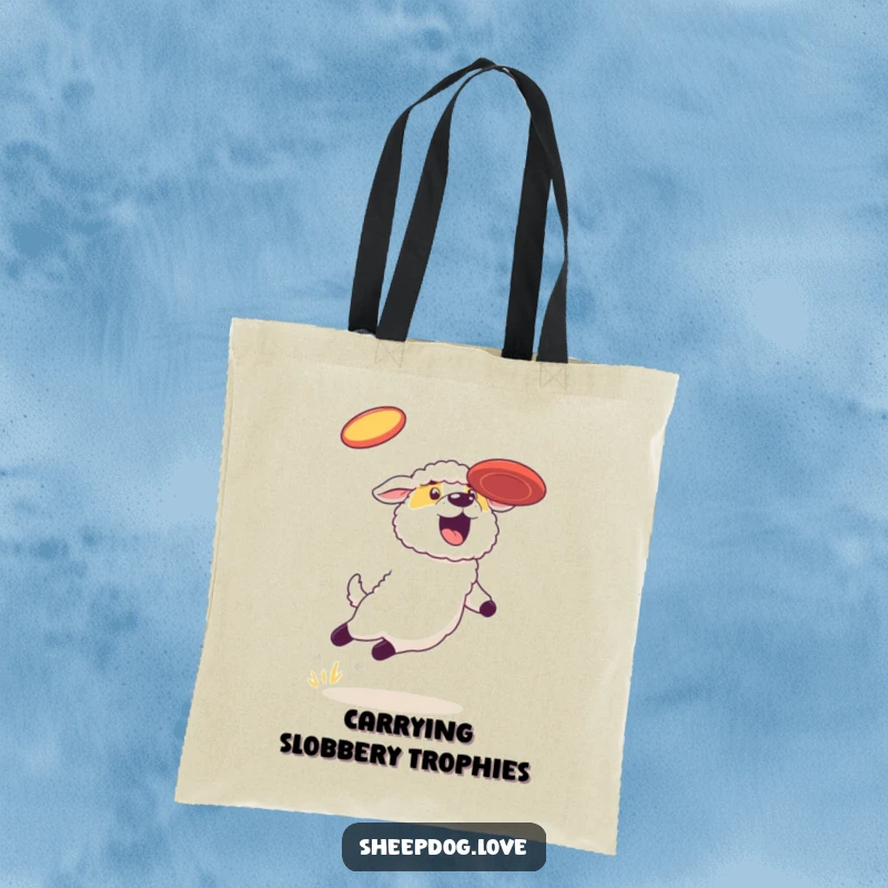 Funny sheepdog tote bag, a determined dog leaping to catch a frisbee, embodying active fun and canine athleticism.