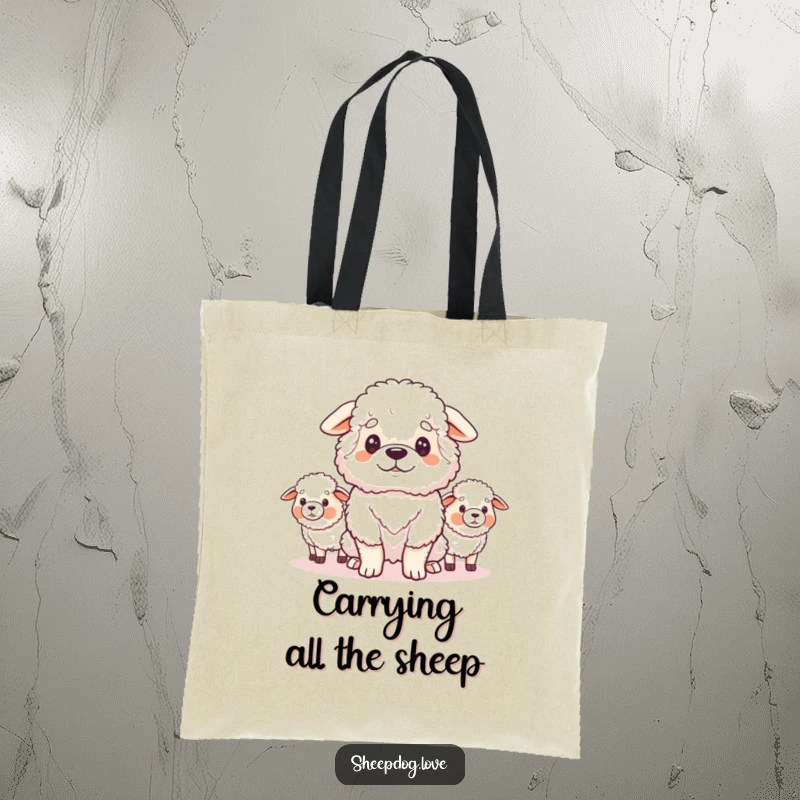 Funny tote bag featuring a fluffy sheepdog looking proudly at its flock, perfect for carrying items with a loyal, humorous touch.