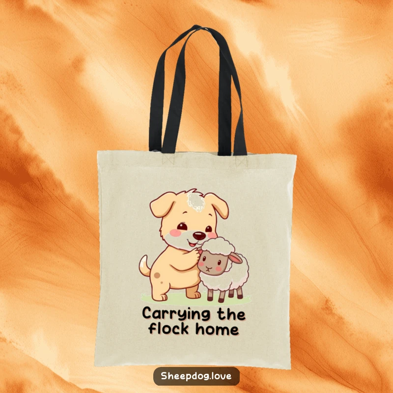 Funny sheepdog nudging a sheep back to the flock on a tote bag, representing helpfulness and organization.