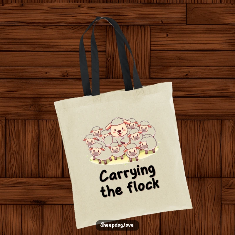 Funny tote bag showcasing a happy sheepdog playfully herding fluffy sheep, a delightful and practical accessory.