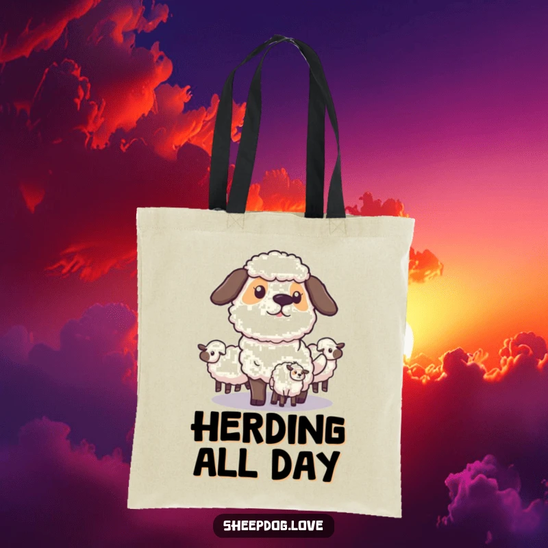 Funny Sheepdog Tote Bag: A sheepdog strategically guides its flock, illustrating focus and purpose, perfect for carrying essentials with a humorous twist.