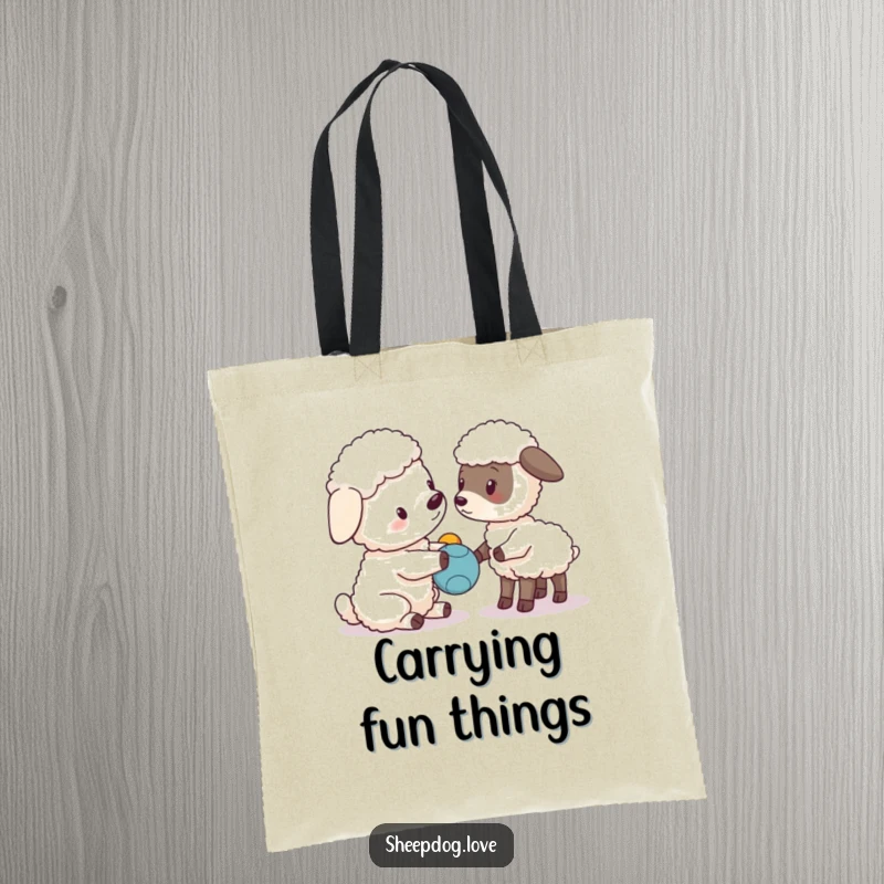 Funny sheepdog character offering a toy to a curious lamb, practical tote bag.