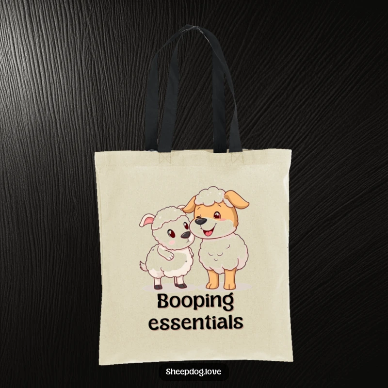 Funny sheepdog nudging sheep tote bag, a playful dog nudging a surprised sheep with its nose.