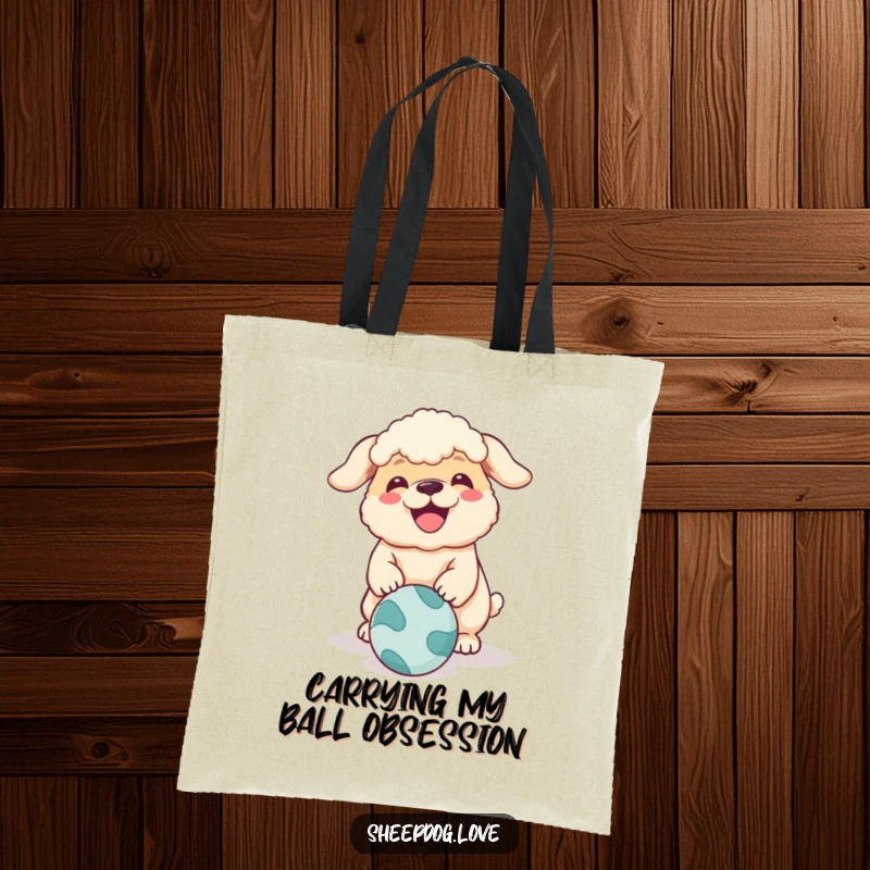 Funny sheepdog tote bag illustration of a dog enthusiastically barking at a rolling ball, a cheerful and humorous accessory.