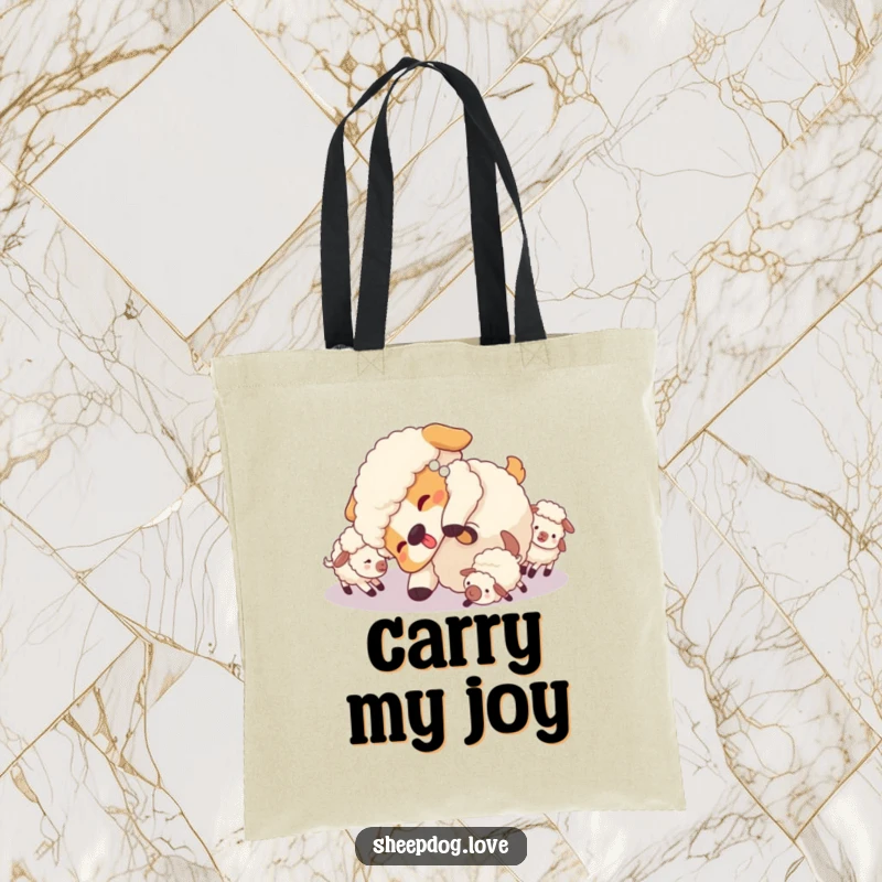 Funny Sheepdog Tote Bag: A sheepdog in a playful tumble, surrounded by little sheep, a scene of pure canine delight.