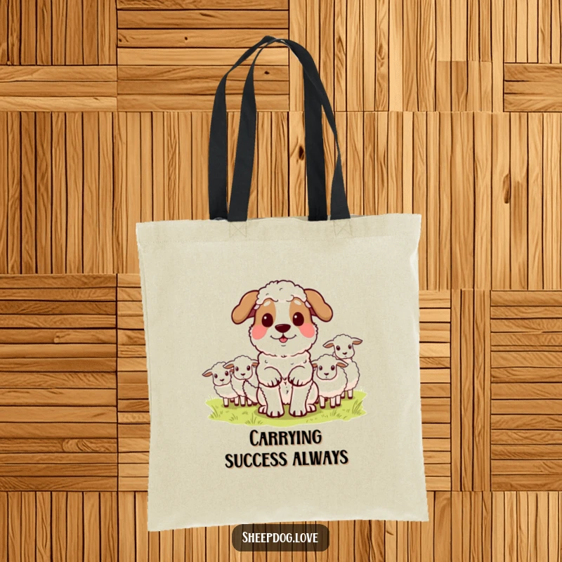 Funny sheepdog tote bag depicting a proud dog after herding sheep, symbolizing success and dedication. A charming accessory.