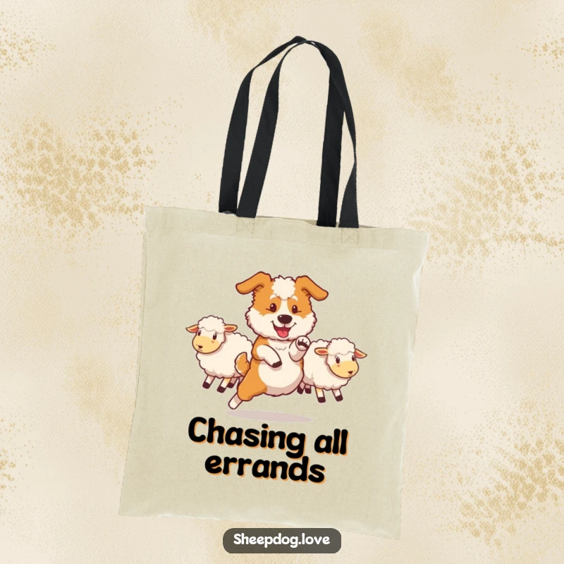Funny sheepdog tote bag designed with a dog performing a swift maneuver to redirect sheep, a humorous and practical accessory.