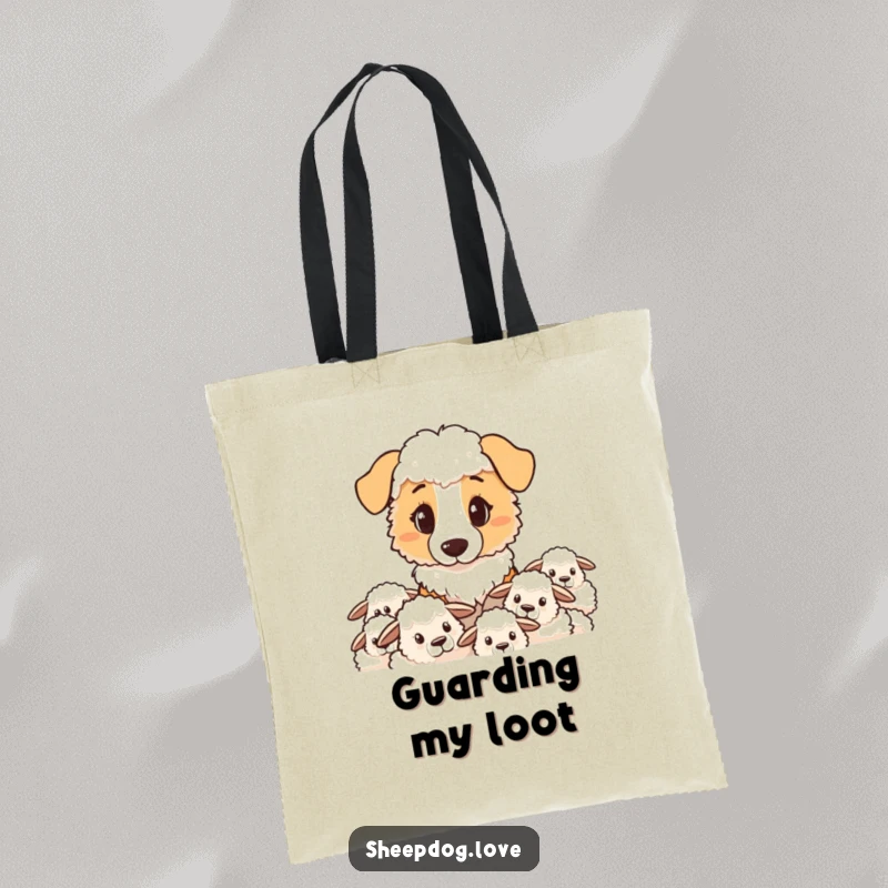 Funny sheepdog tote bag illustrating a determined sheepdog keeping a watchful eye over a herd.