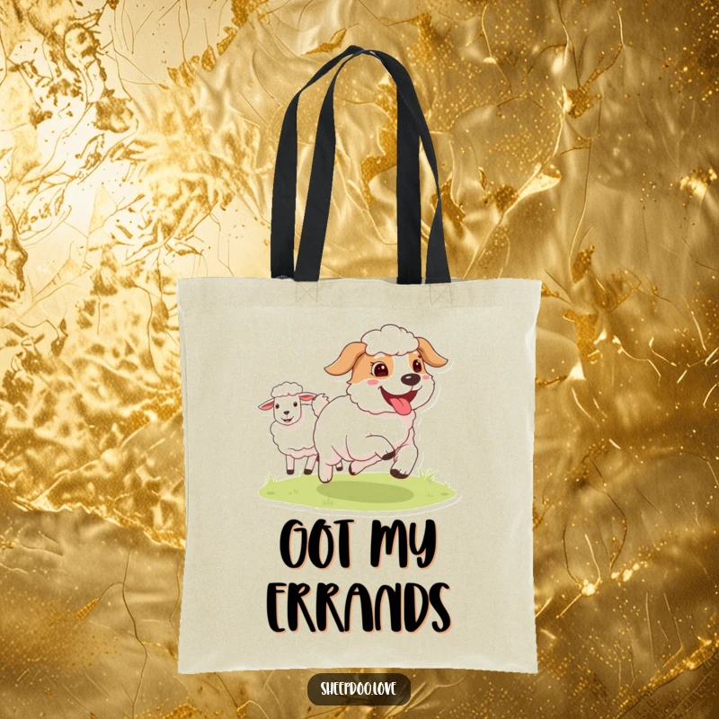 Funny Sheepdog tote bag with a happy dog sticking its tongue out while running near sheep, a humorous and functional accessory.