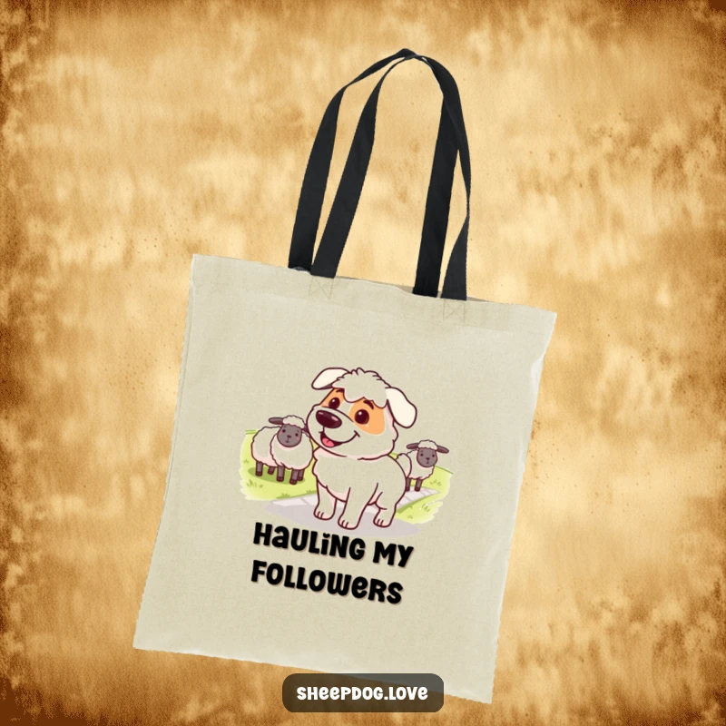 Funny sheepdog tote bag, a determined, smiling dog guiding sheep across a path, embodying focus and leadership.
