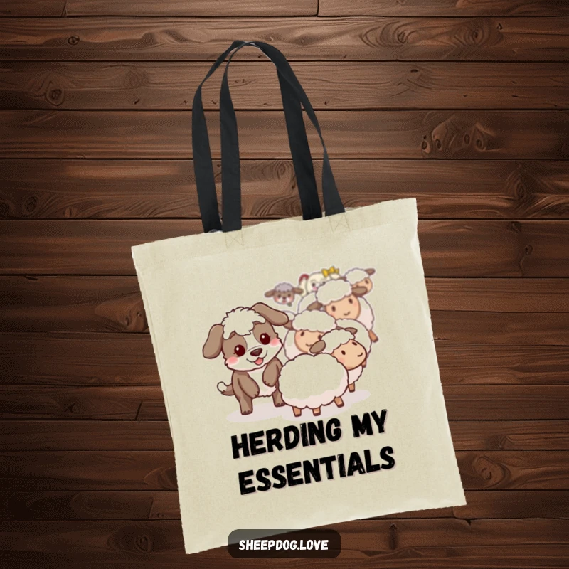Funny sheepdog tote bag illustrating a playful sheepdog gently nudging a stray sheep back to safety.