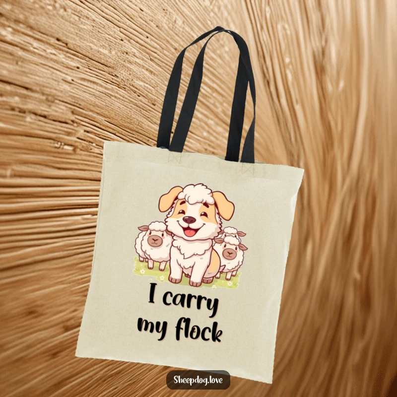Funny tote bag with a grinning sheepdog expertly herding fluffy sheep, perfect for carrying daily essentials.