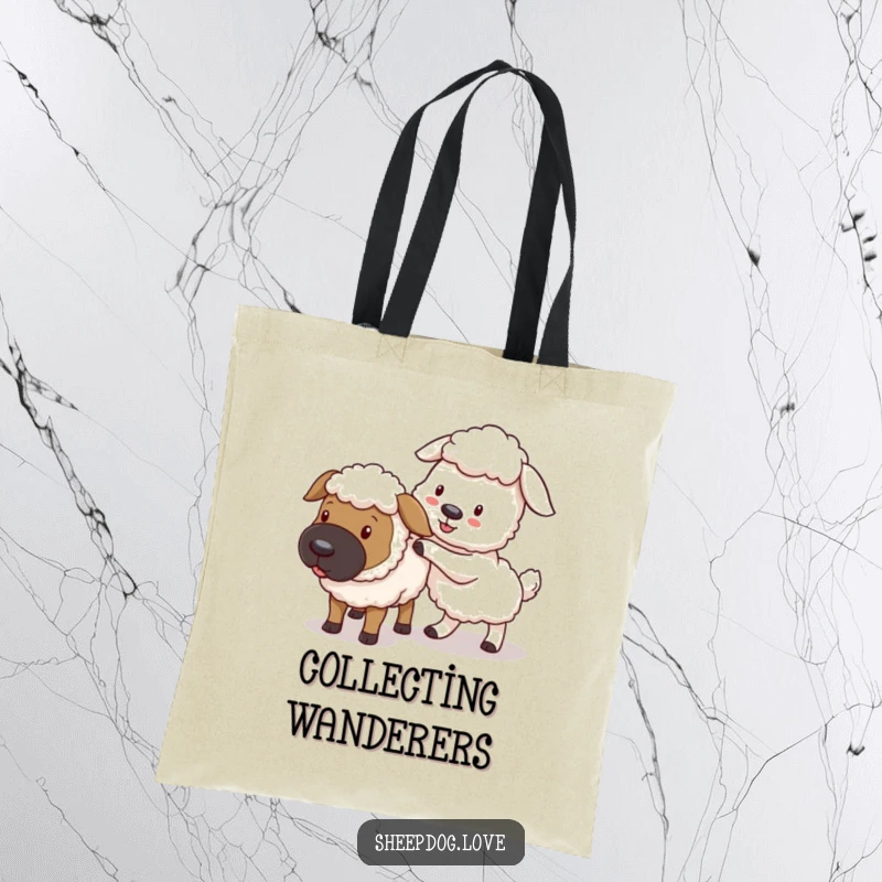Funny sheepdog tote bag, a playful dog nudging a stray sheep, illustrating gentle guidance and organization.